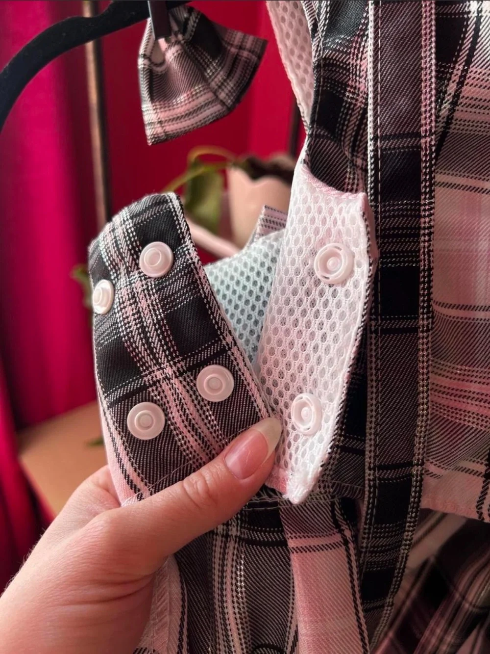 Pink & Black Plaid Pet Harness Dress with Pearl Accents & Matching Leash / Bow